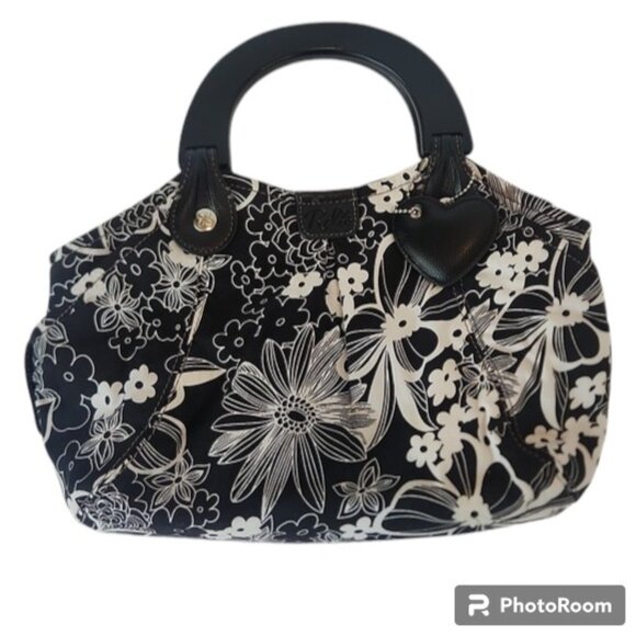 Relic - Black and White Cloth Handbag w Wooden Handle - Picture 1 of 13
